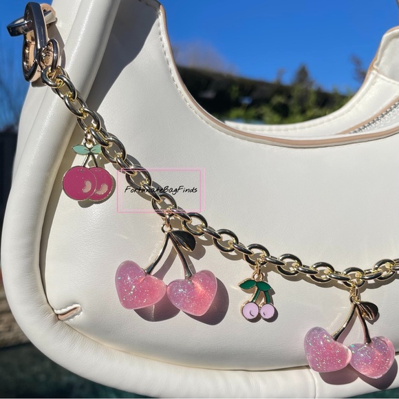 Baby Pink Heart Cherry Bag Charm Chain Purse Charm Chain Strap FortunateBagFinds - Picture 7 of 12